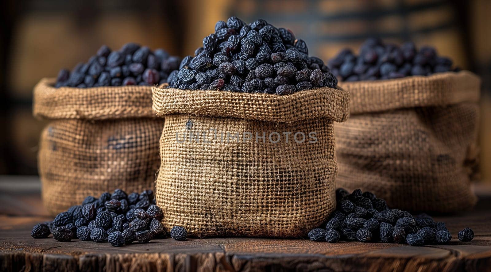 Three bags of blueberries resting on a wooden table by richwolf