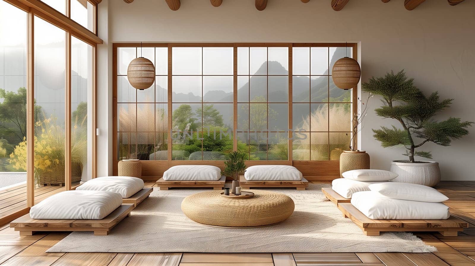 This living room in the house features hardwood flooring, a variety of plants, wooden furniture, and ample natural light from the many windows, creating a beautiful interior design