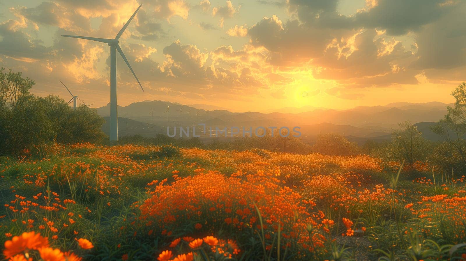 A picturesque landscape with a field of flowers under a vibrant sky, featuring a wind turbine silhouette at sunset