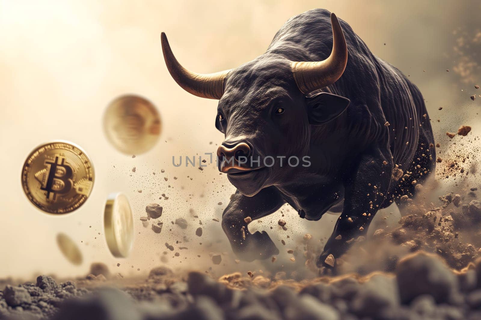 Running bull and bitcoin shiner for crypto bull run concept. Neural network generated image. Not based on any actual person or scene.