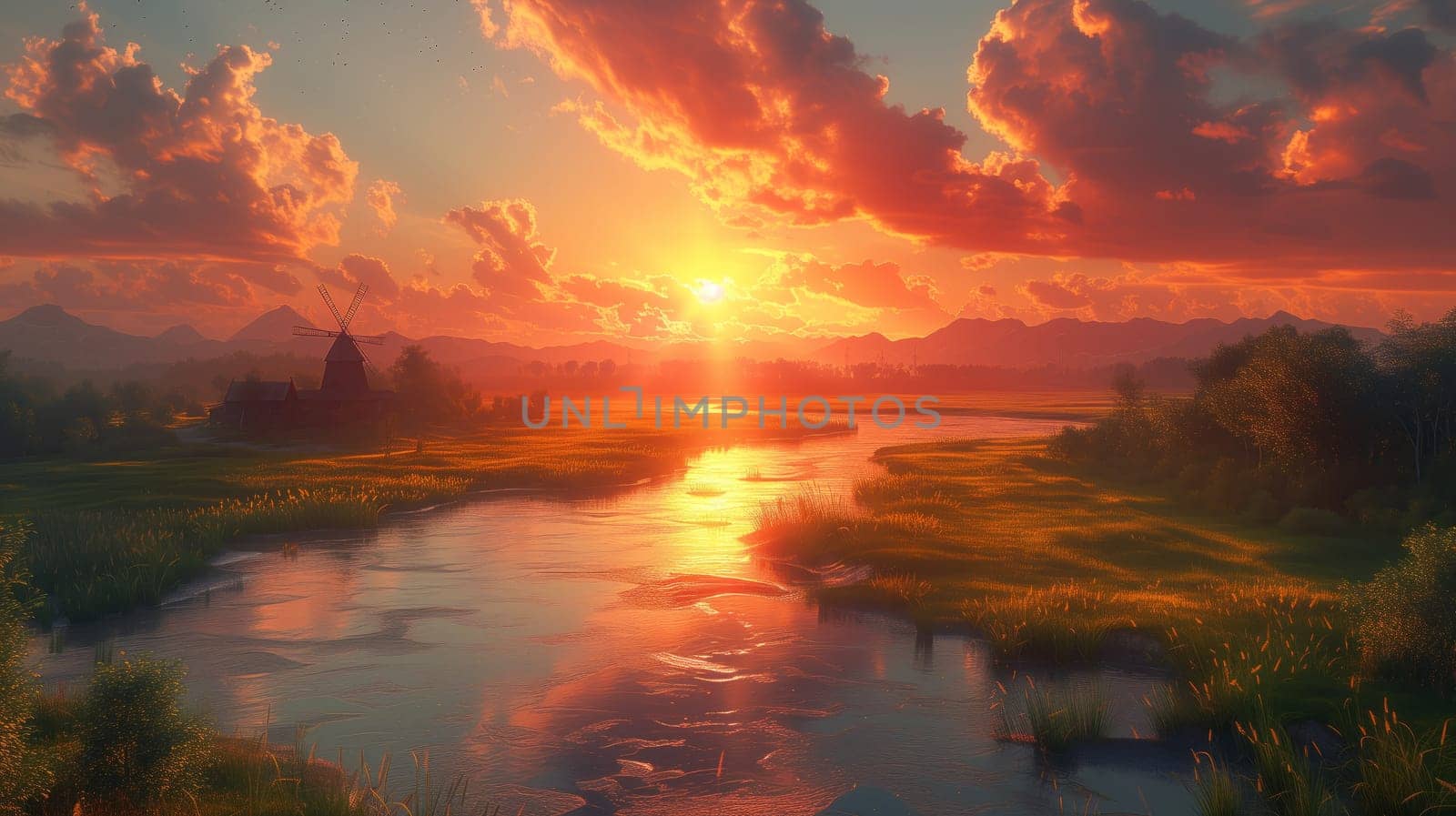 the sun is setting over a river in a painting by richwolf