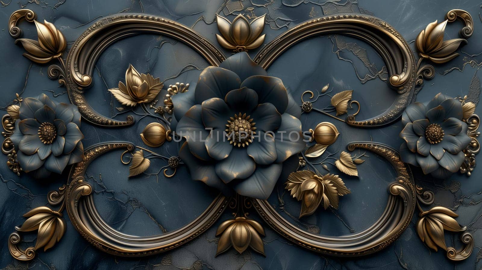 A close up of a symmetrical blue and gold floral pattern fixture on a bronze wall, inspired by natural materials. It resembles a fashion accessory and is the centerpiece of the rooms design