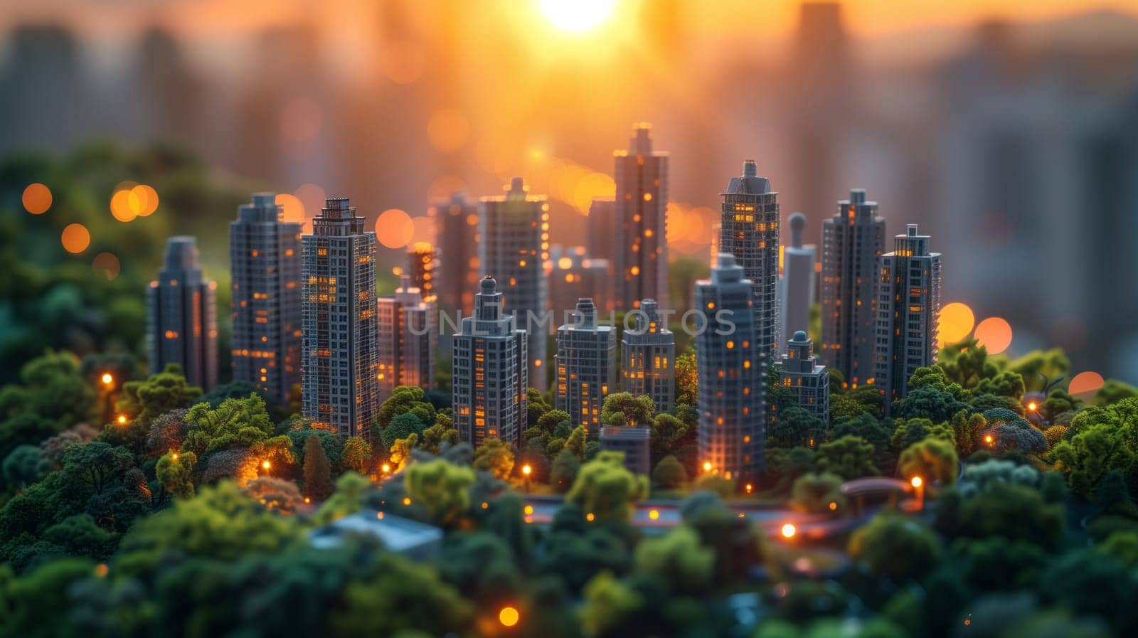 A city filled with skyscrapers and tower blocks surrounded by lush trees and plants against a natural landscape at sunset, creating a stunning urban design