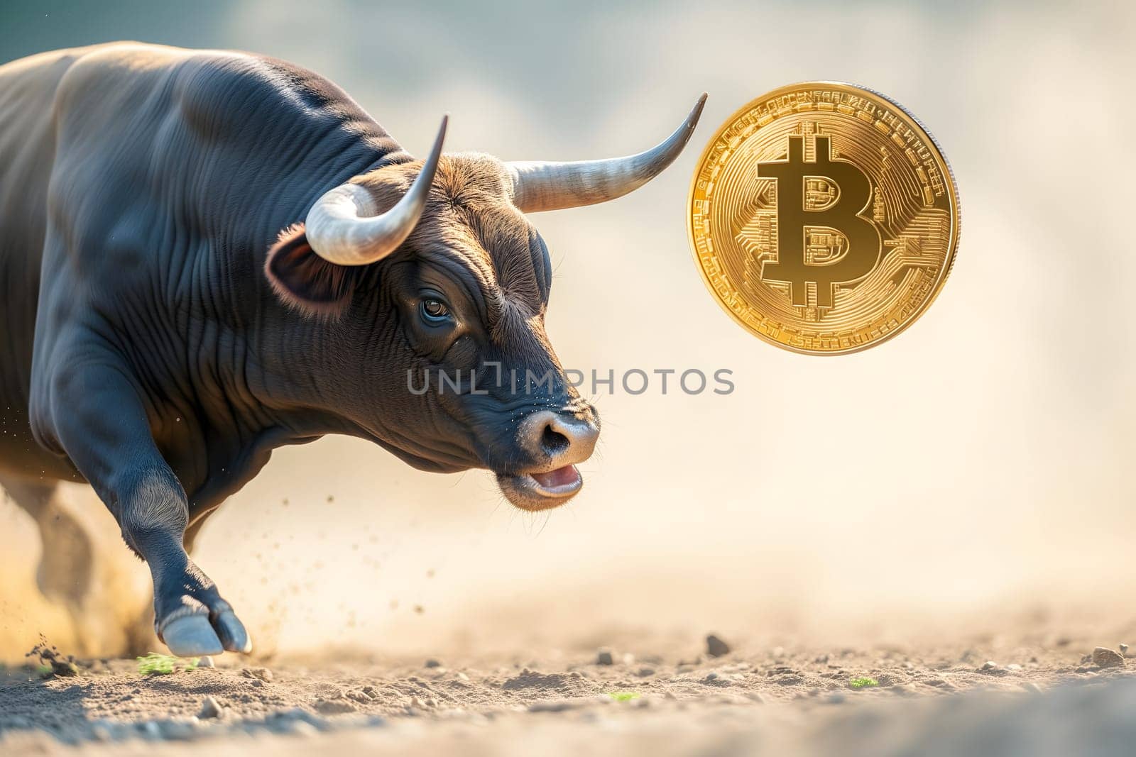 Bull pokes up bitcoin with its snout. Bullish trend concept. Neural network generated image. Not based on any actual person or scene.