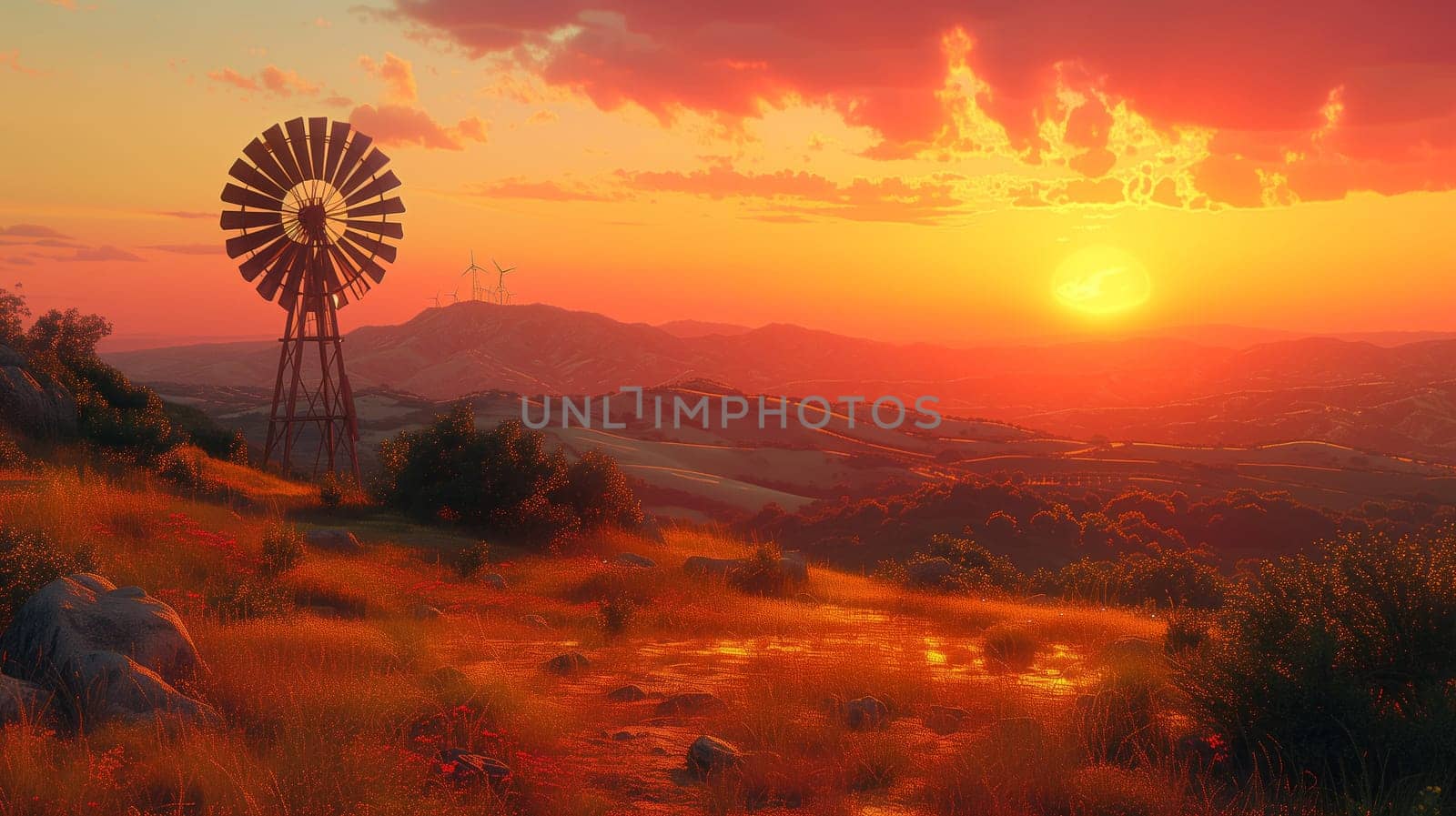 A windmill stands on a hill during sunset, surrounded by a colorful sky filled with clouds and the afterglow of the day. The atmosphere is serene as dusk settles in