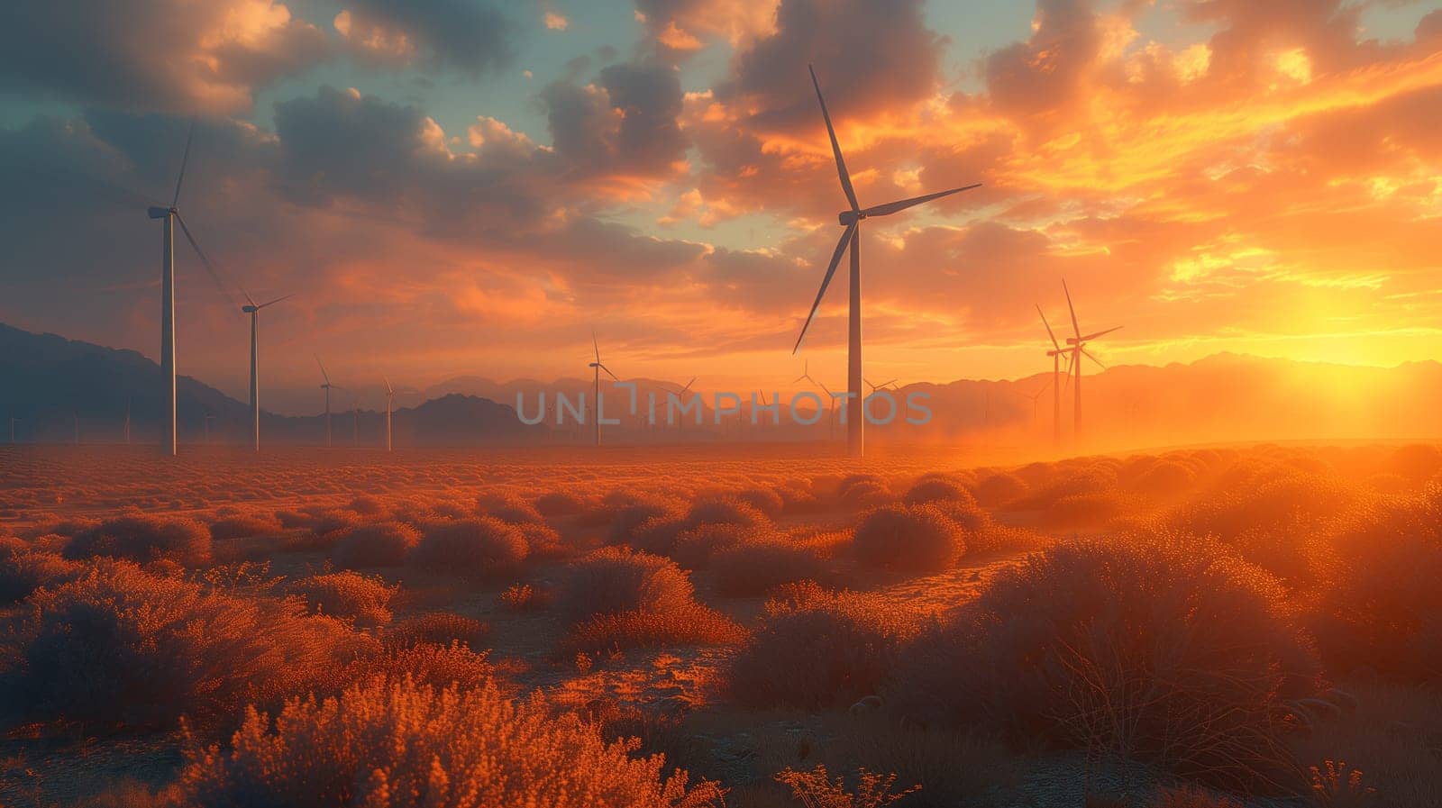 A breathtaking natural landscape at dusk, with wind turbines in the foreground, mountains in the background, and a red sky at morning afterglow