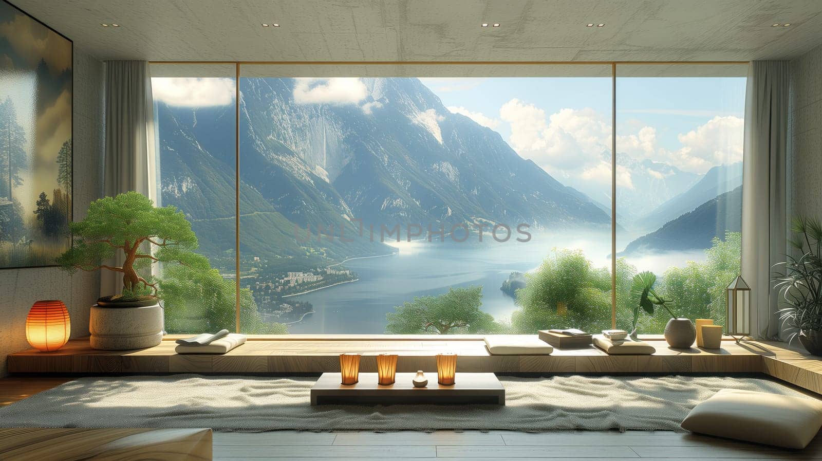House with a big window showing view of lake, mountains, and clouds by richwolf