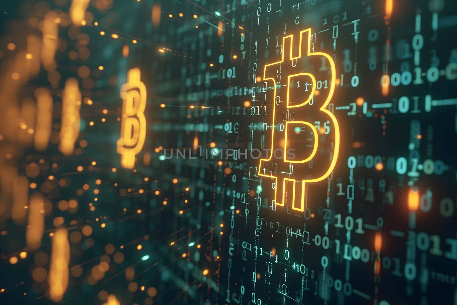 Bitcoin logos on digital data surface background by z1b