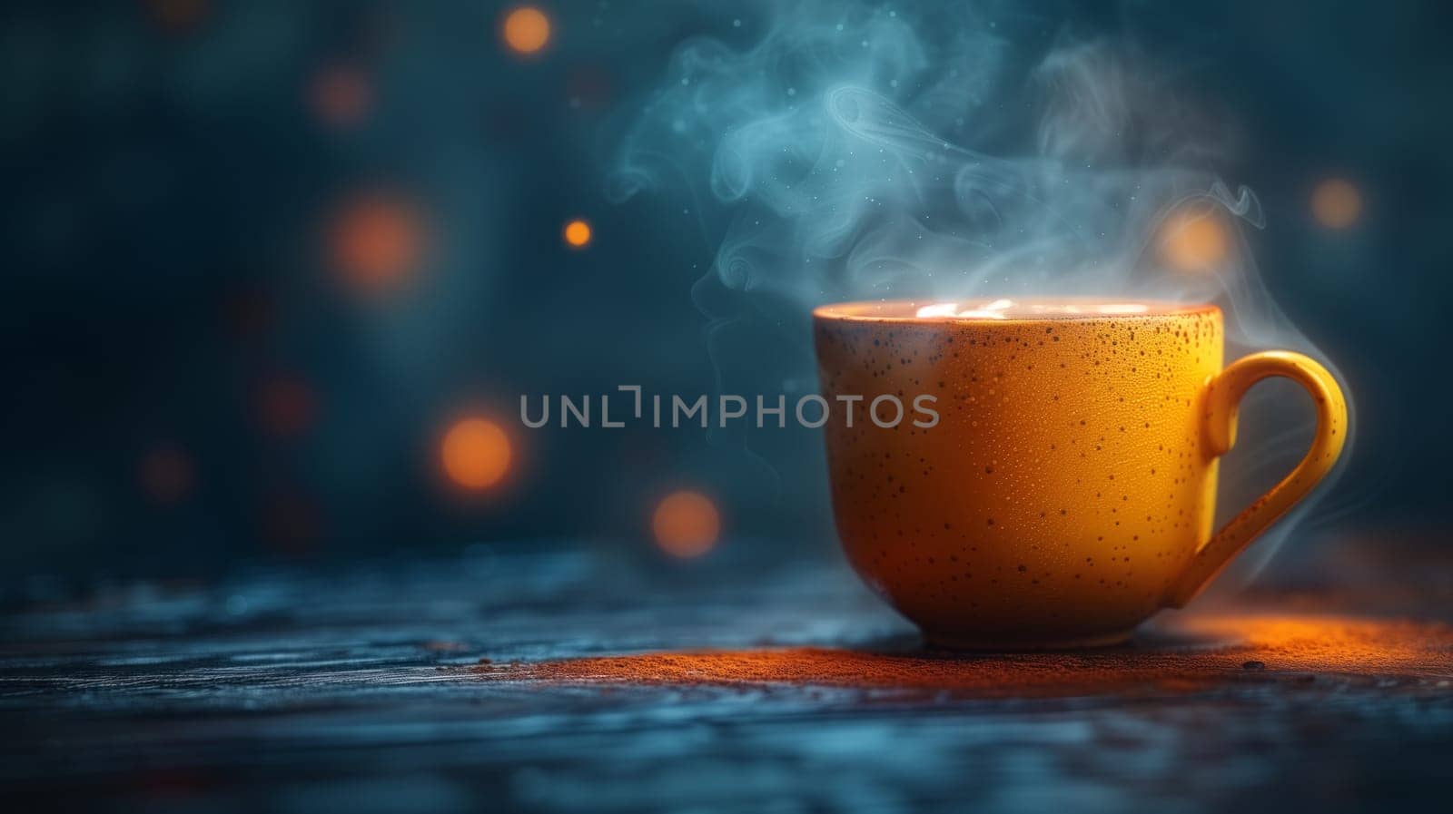 A steaming coffee cup is placed on a wooden table, emitting vapors. The serving of the drinkware creates a cloudlike effect on the table