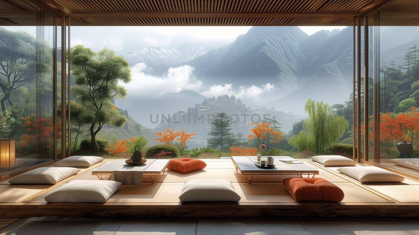 A cozy room filled with numerous pillows and wooden tables, offering a stunning view of the mountain landscape through the window