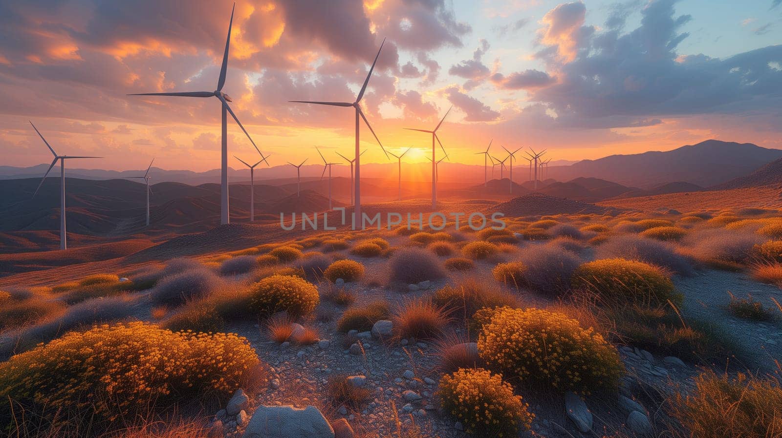 A row of wind turbines in the desert under a colorful sunset sky with scattered cumulus clouds, creating a serene natural landscape