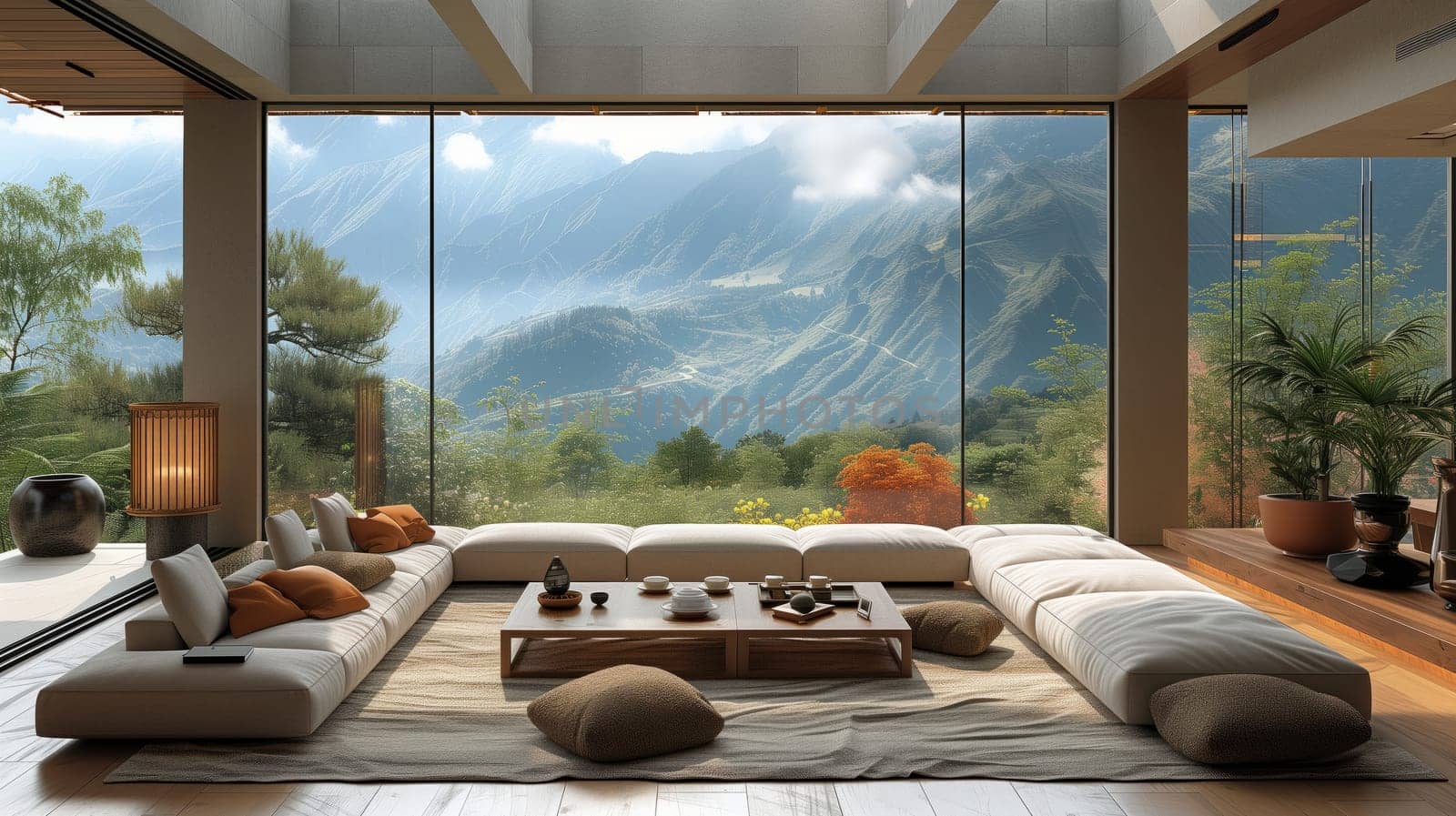 A cozy living room with numerous windows offering a stunning view of the mountains. The space is filled with plants, wood furniture, and ample natural light