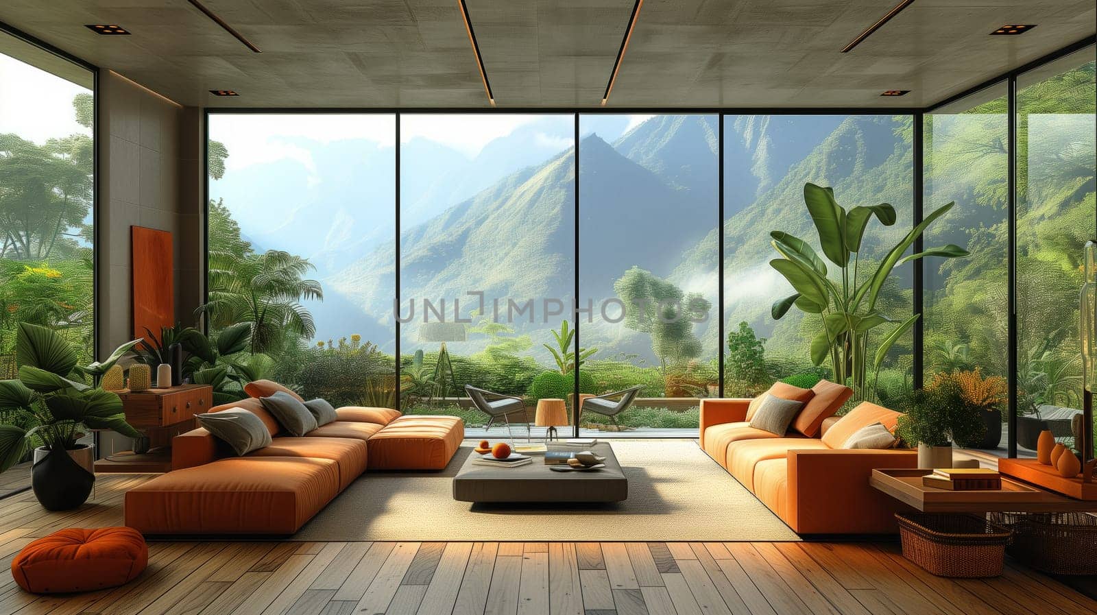 A living room with numerous windows offering a picturesque view of mountains, surrounded by lush trees and under a clear sky