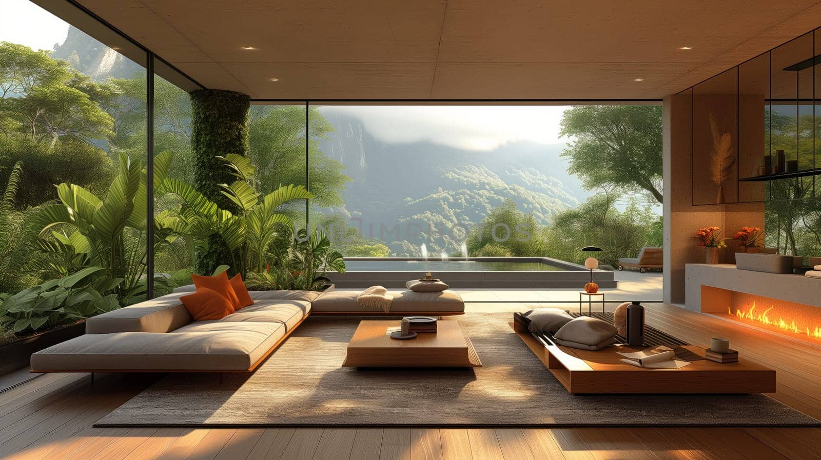 A cozy living room with furniture, fireplace, and a view of mountains by richwolf