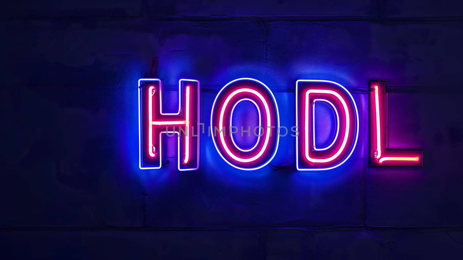 Neon inscription HODL on dark shabby wall. Neural network generated image. Not based on any actual scene or pattern.