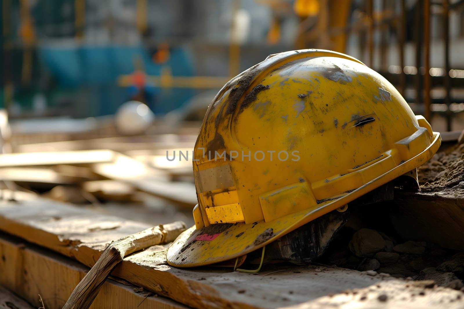 Old yellow hard hat at construction site. Neural network generated image. Not based on any actual scene or pattern.
