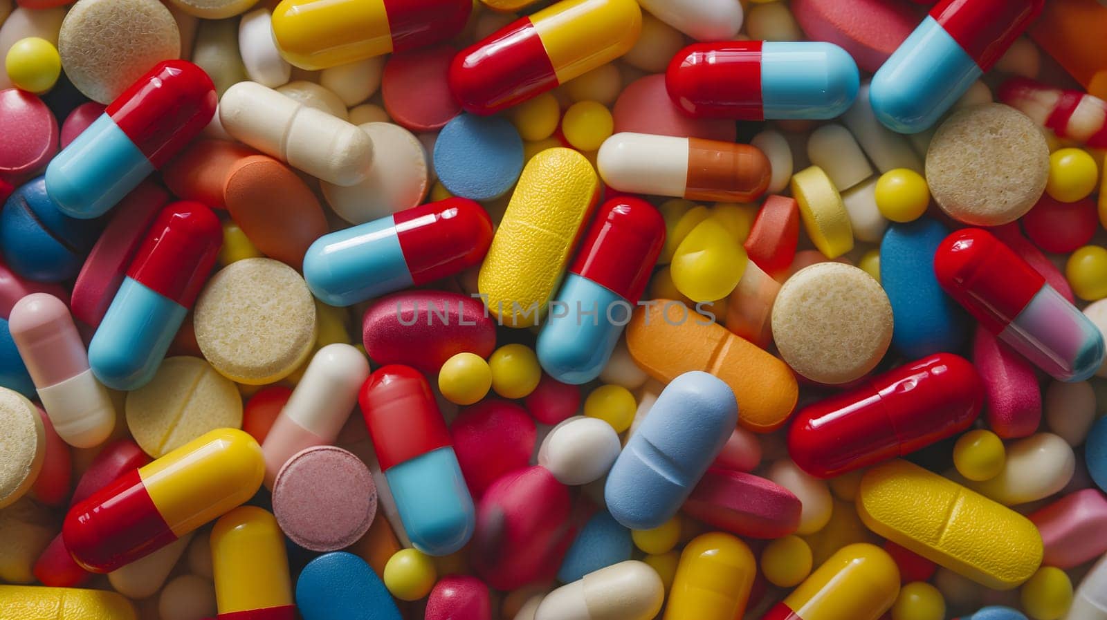 Pile of different medical pills, full-frame background. Neural network generated image. Not based on any actual scene or pattern.