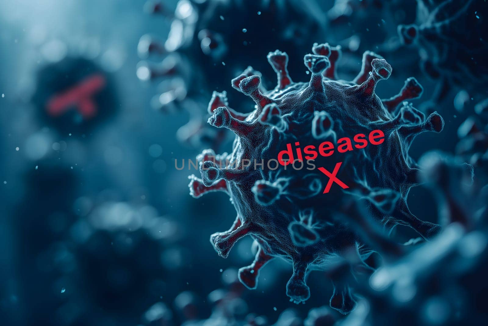 Disease X conceptual composition with coronaviruses for new pandemic topic. Neural network generated image. Not based on any actual scene or pattern.