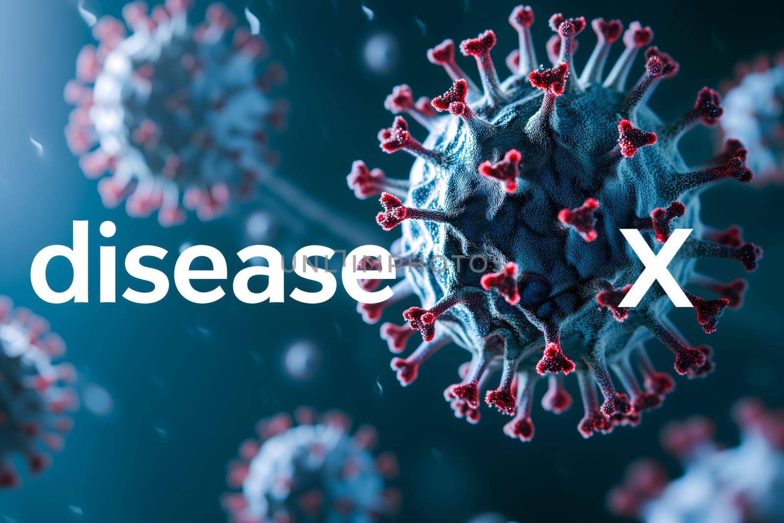 Disease X conceptual composition with coronaviruses for new pandemic topic. Neural network generated image. Not based on any actual scene or pattern.