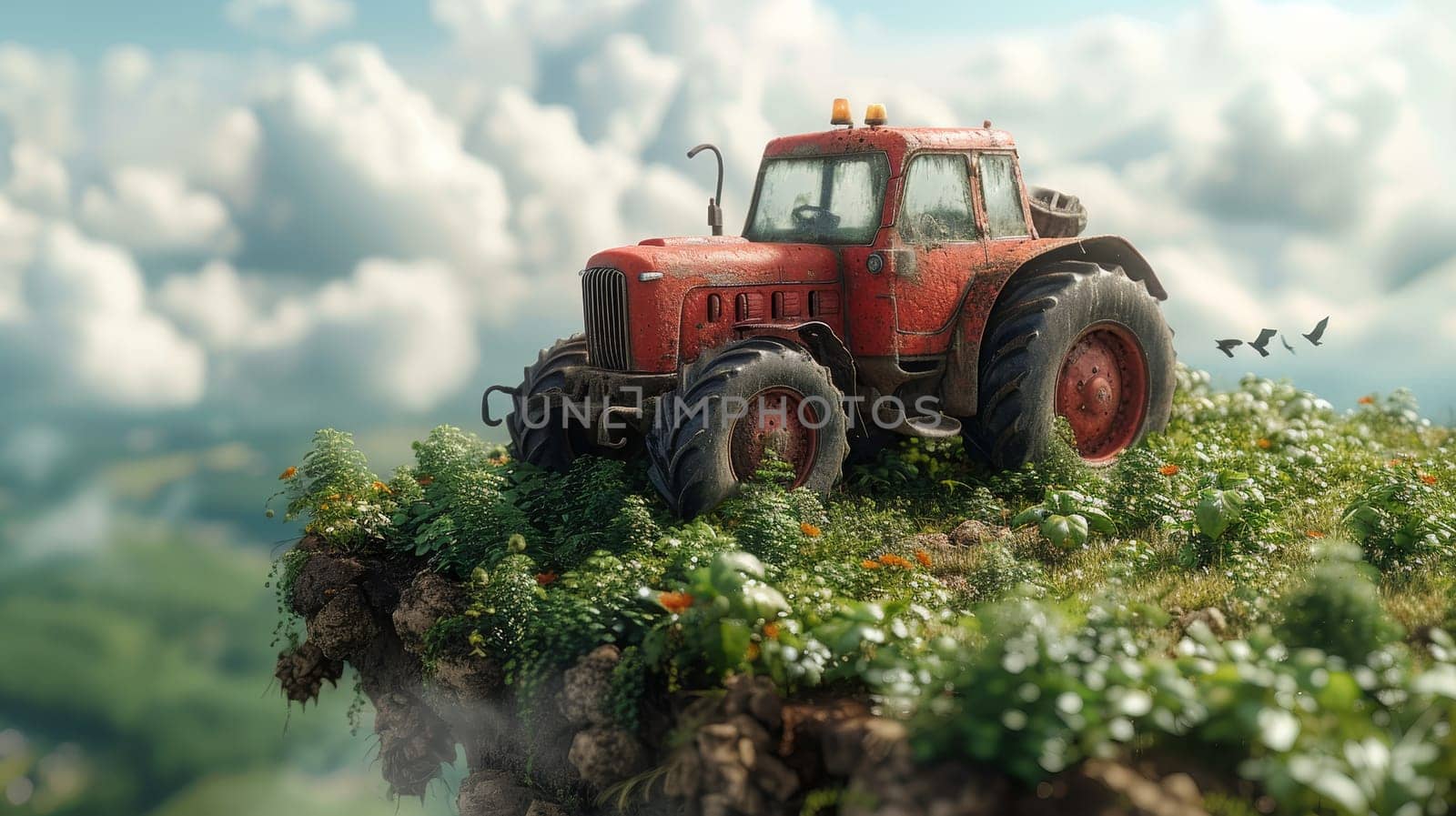 This digital farming concept 3d design depicts a tractor on a floating piece of land with flowers and crops. A farm rural is an island with clouds and birds.