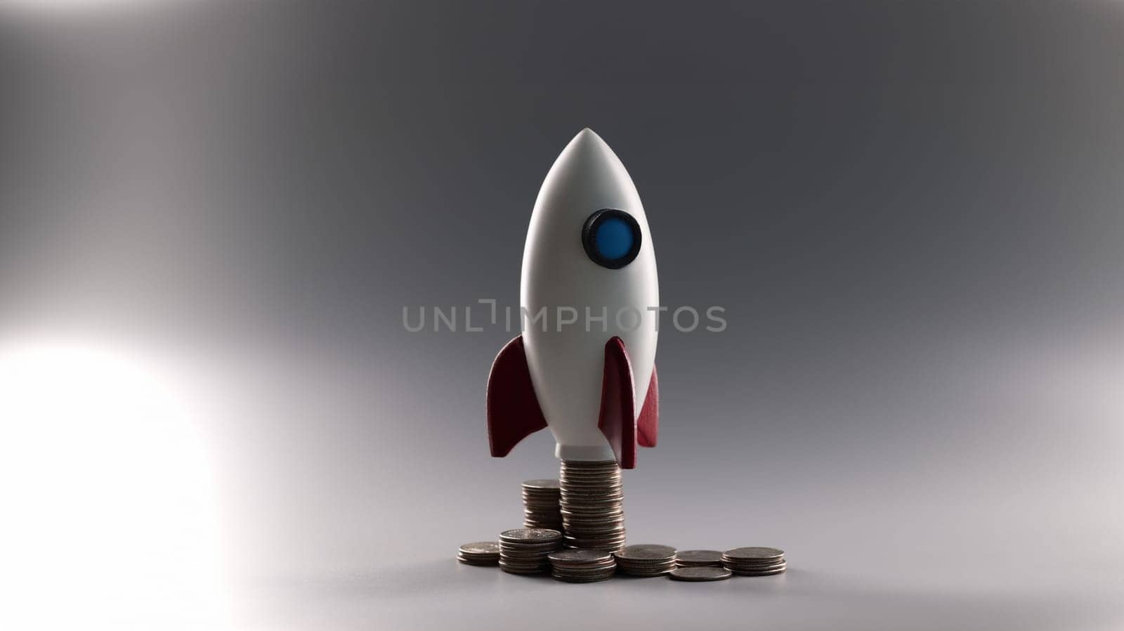 Toy rocket standing on piles of coins on gray background closeup by kuprevich