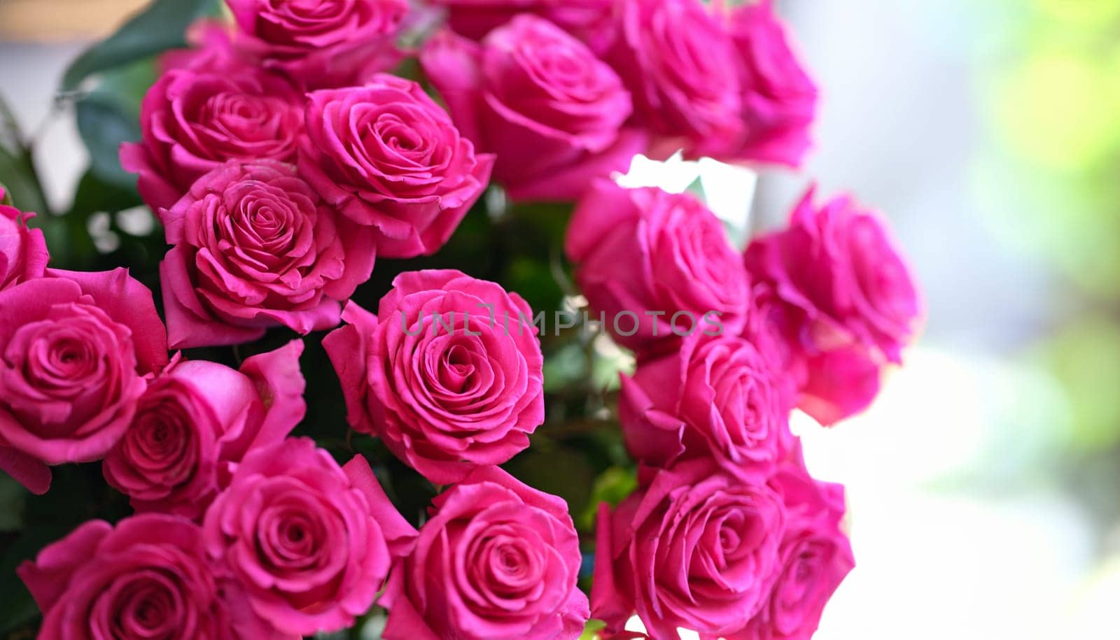 Closeup of large bouquet of pink roses. Floristics concept
