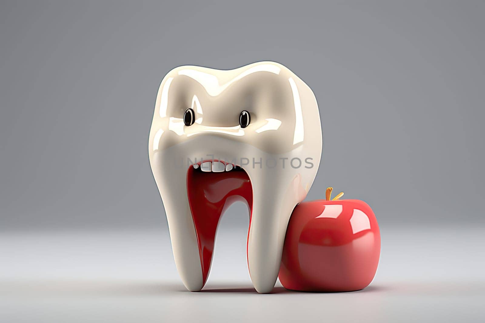 Cartoon tooth with an expression of fear on its face on a white background. Generated by artificial intelligence by Vovmar