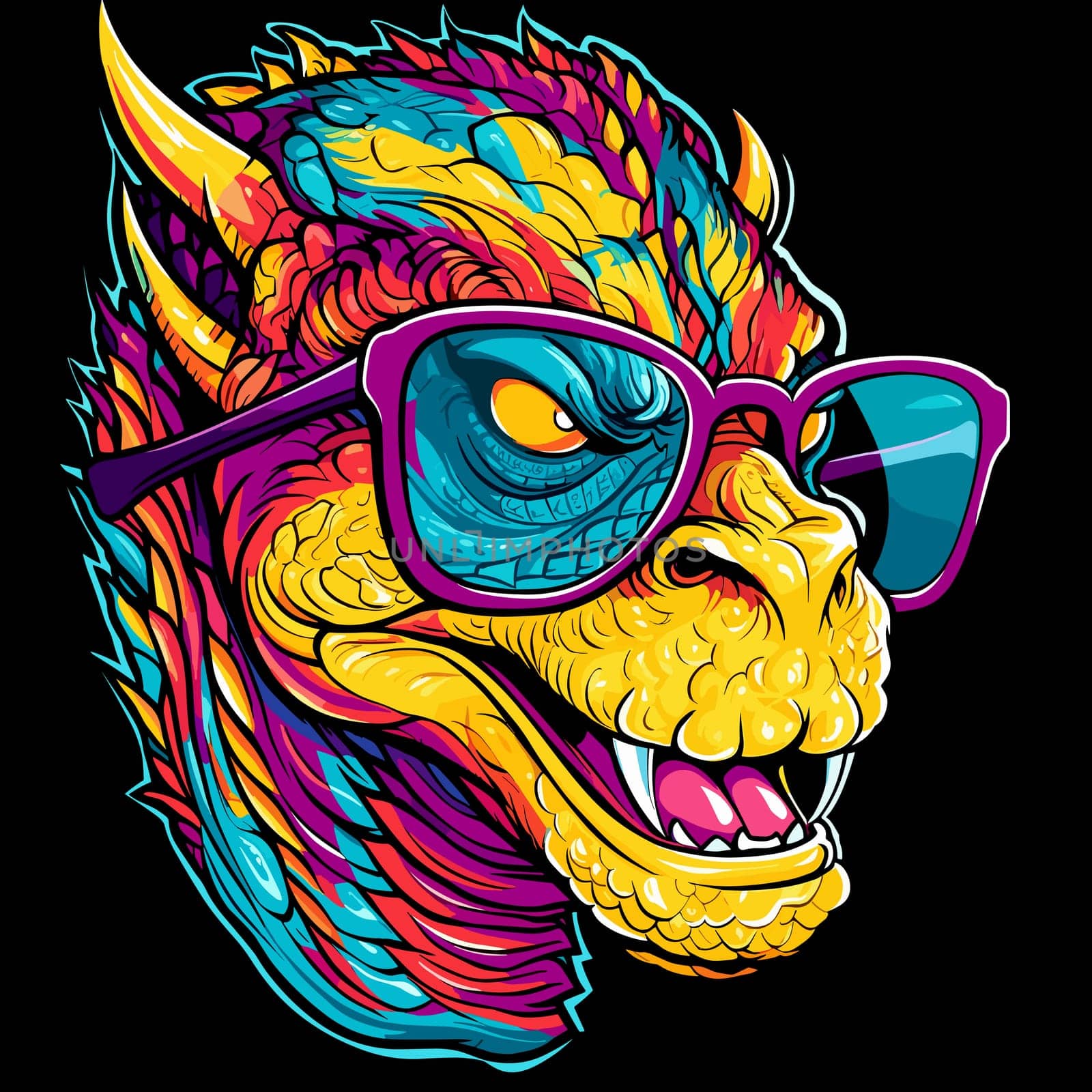 Cute and funny fairy tale dragon with glasses in vector pop art style. Mythological creature in bright colours. Template for t-shirt print, poster, sticker, etc.