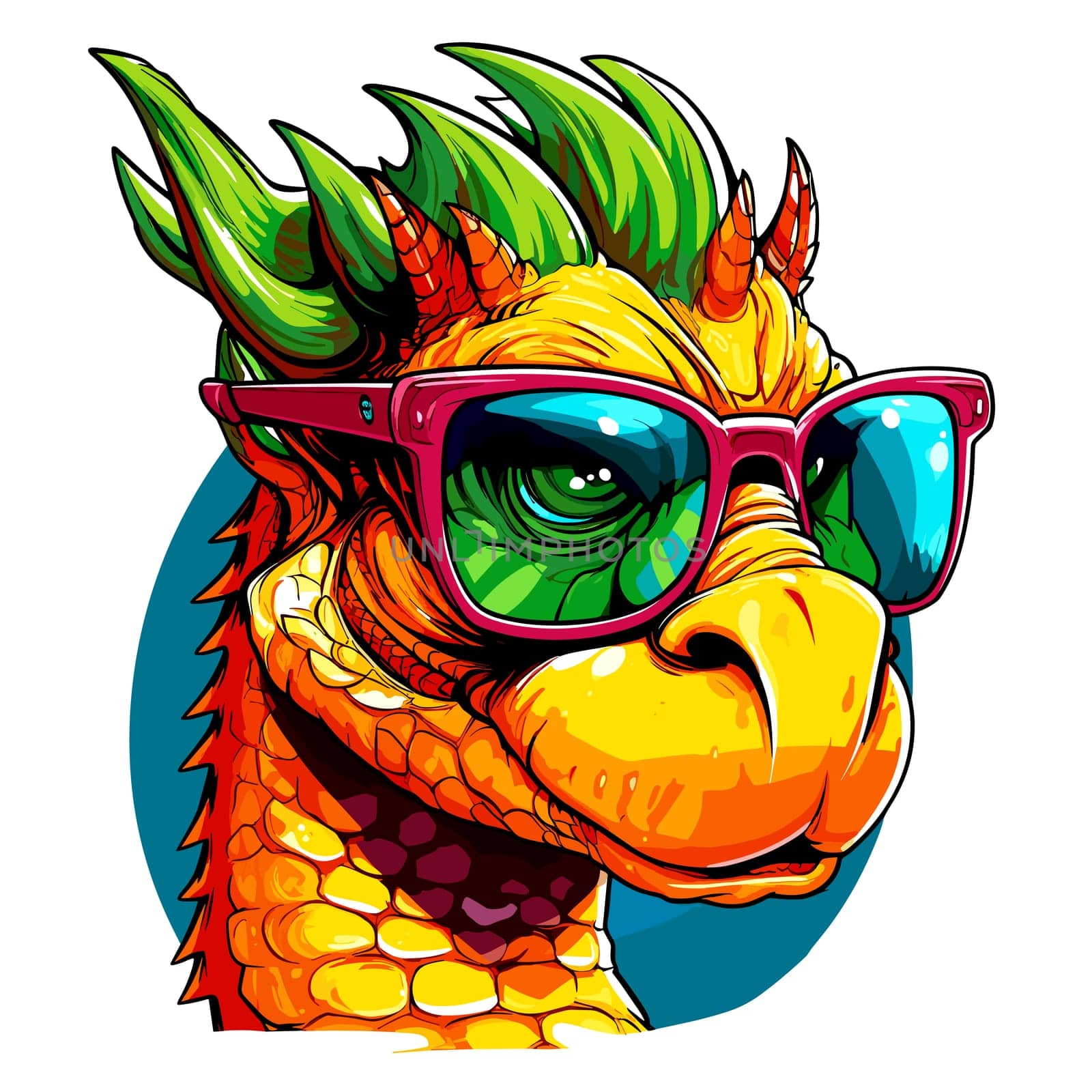 Cute and funny fairy tale dragon with glasses in vector pop art style.  by palinchak