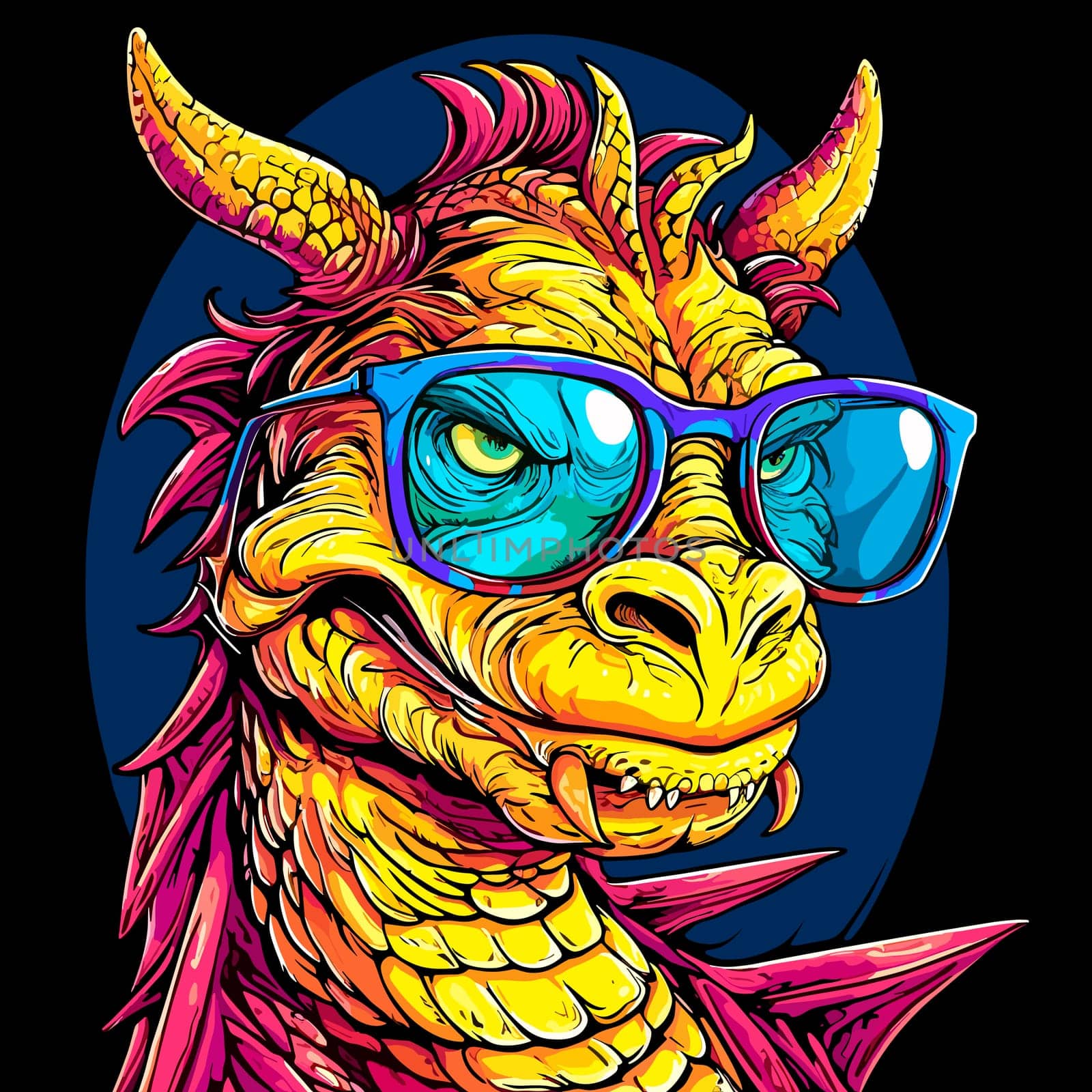 Cute and funny fairy tale dragon with glasses in vector pop art style. Mythological creature in bright colours. Template for t-shirt print, poster, sticker, etc.