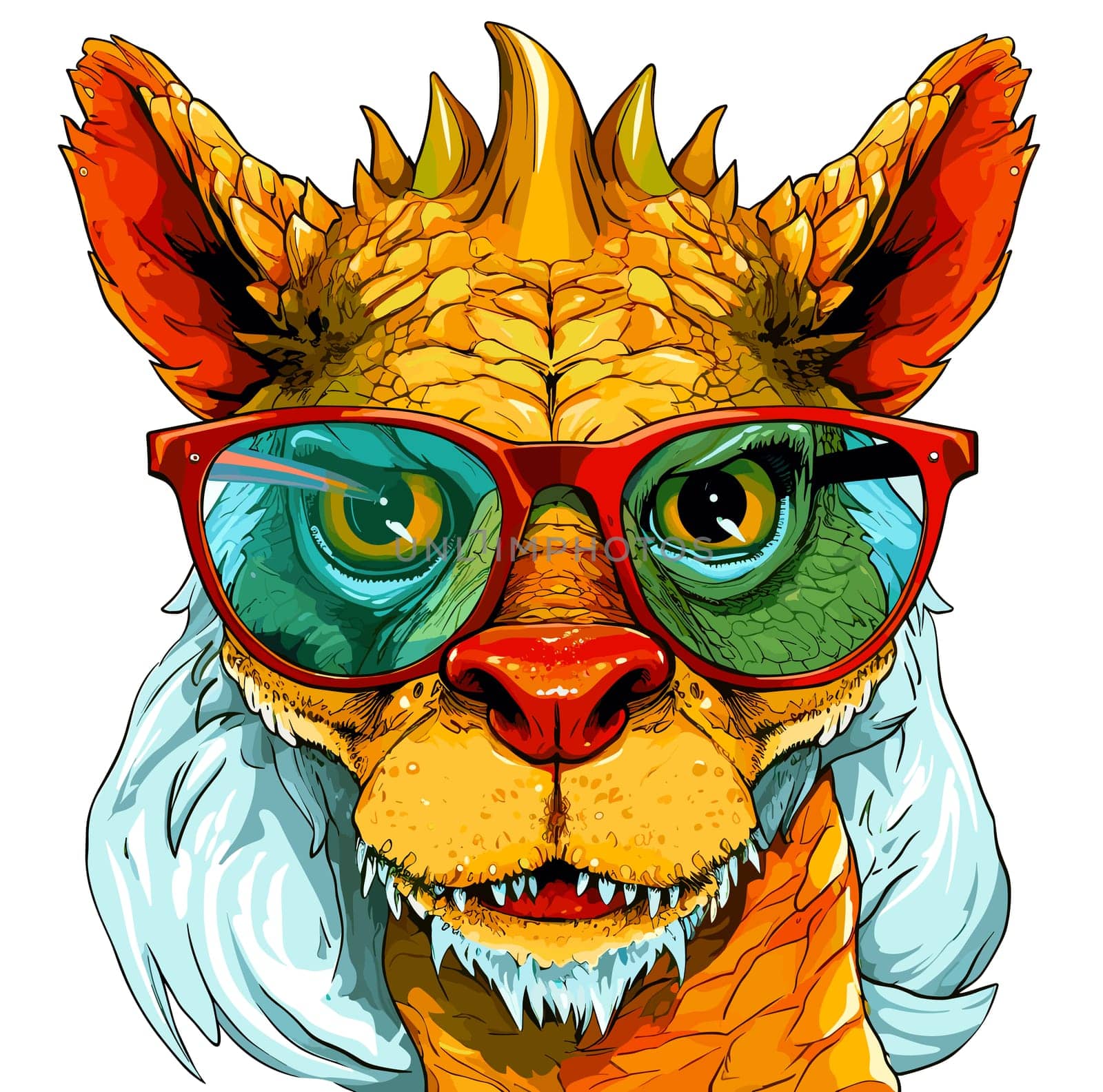 Cute and funny fairy tale dragon with glasses in vector pop art style.  by palinchak
