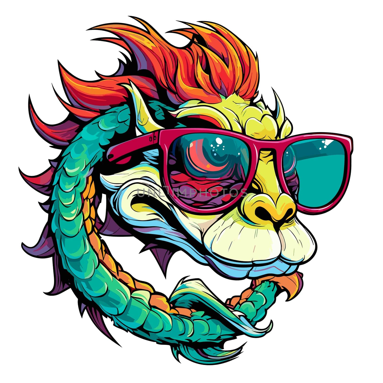 Cute and funny fairy tale dragon with glasses in vector pop art style. Mythological creature in bright colours. Template for t-shirt print, poster, sticker, etc.
