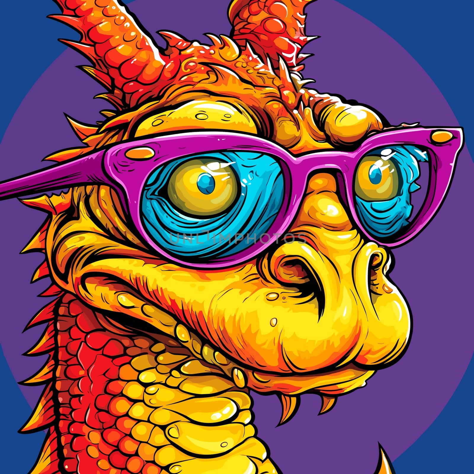 Cute and funny fairy tale dragon with glasses in vector pop art style.  by palinchak