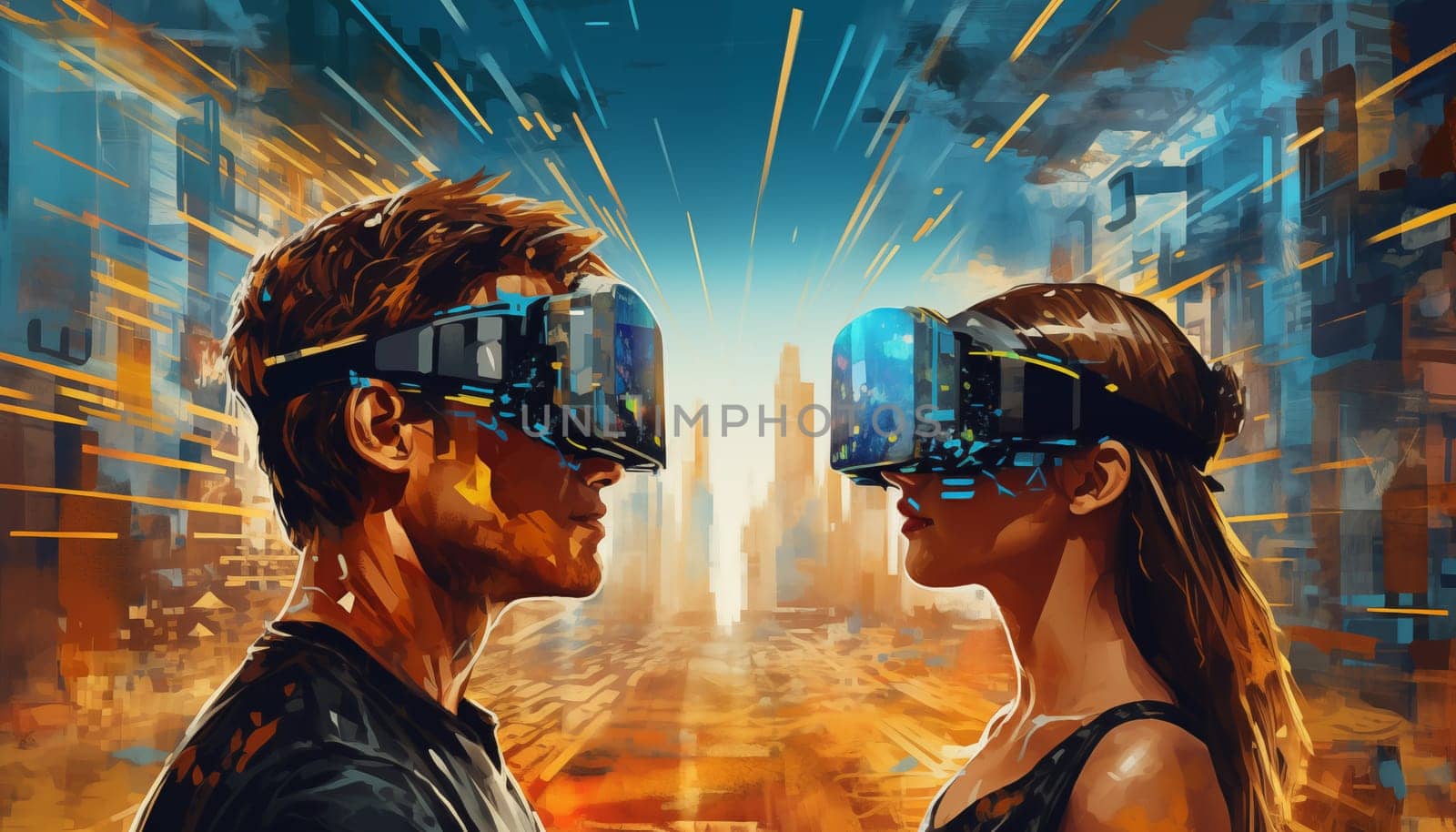 Man and woman wearing VR glasses by Nadtochiy