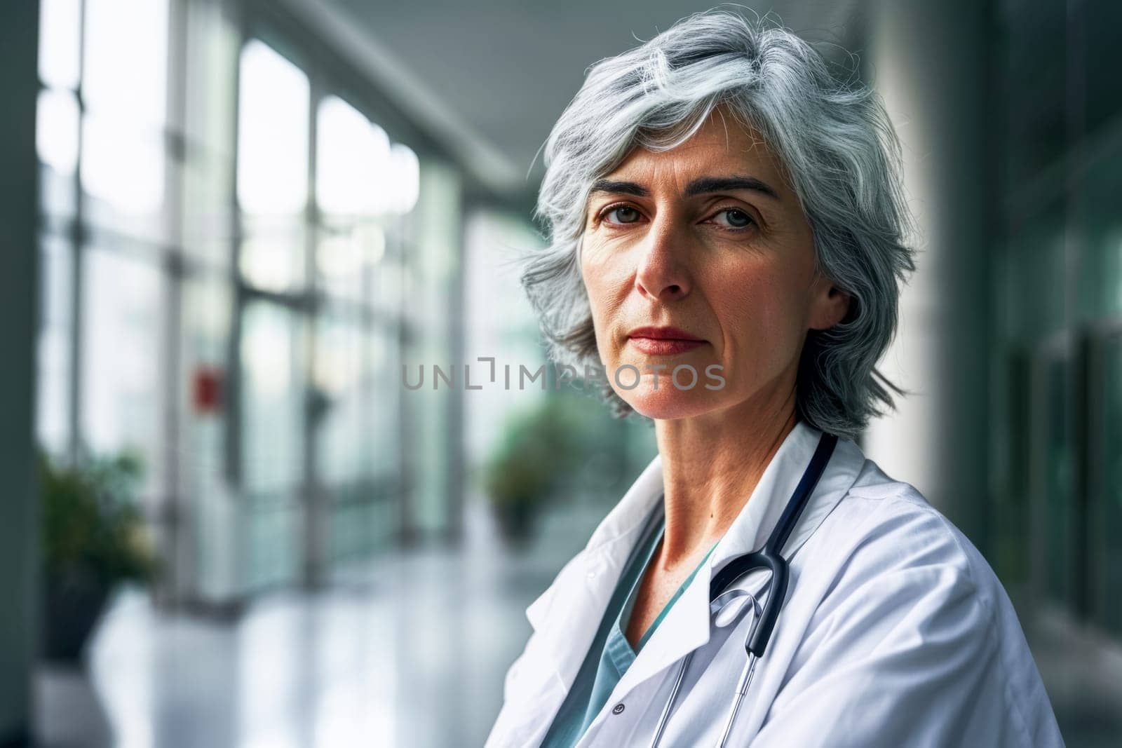A female doctor with grey hair wearing a stethoscope in a hospital setting.