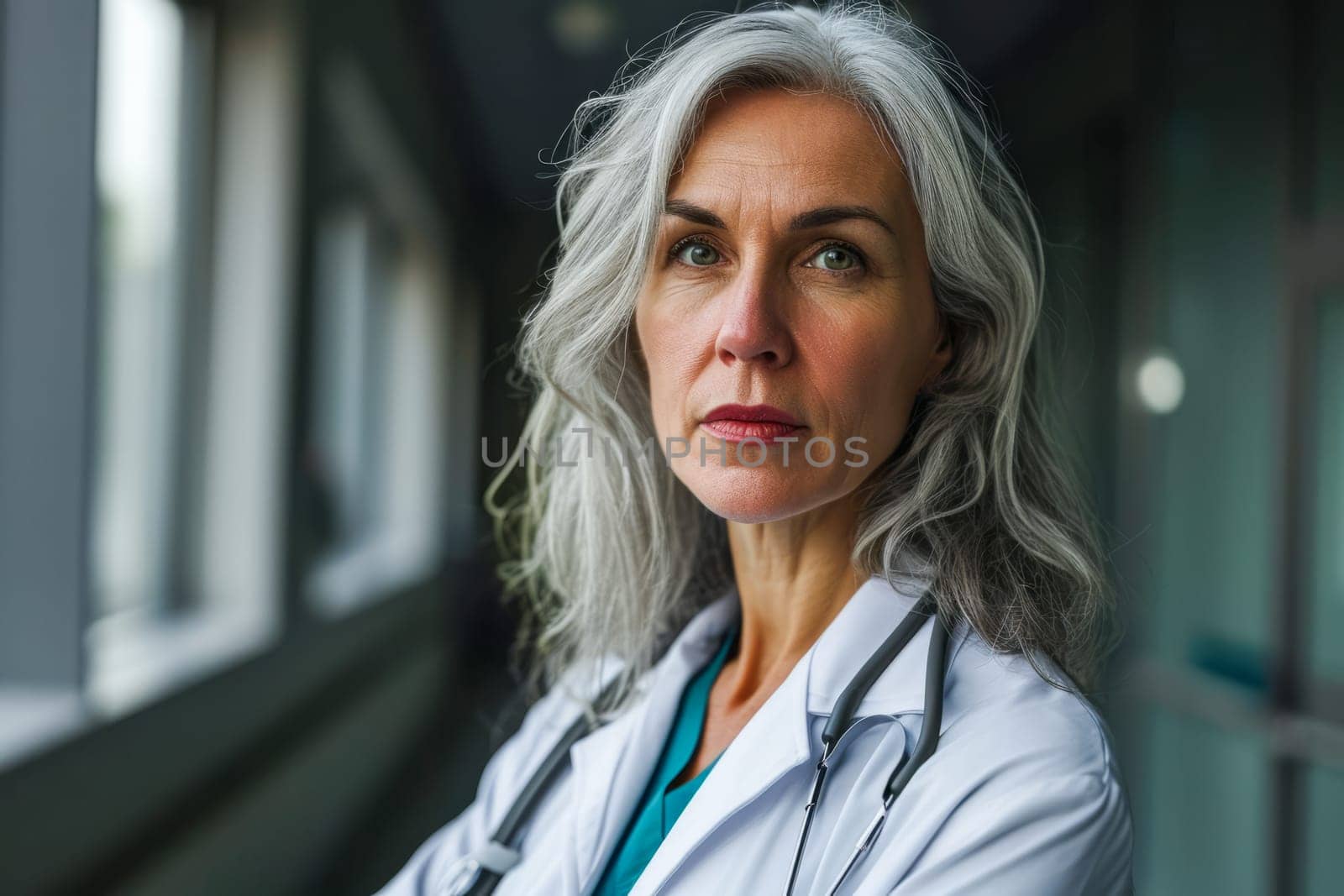 A senior female doctor with greying hair wearing a stethoscope, showcasing expertise in a hospital setting.