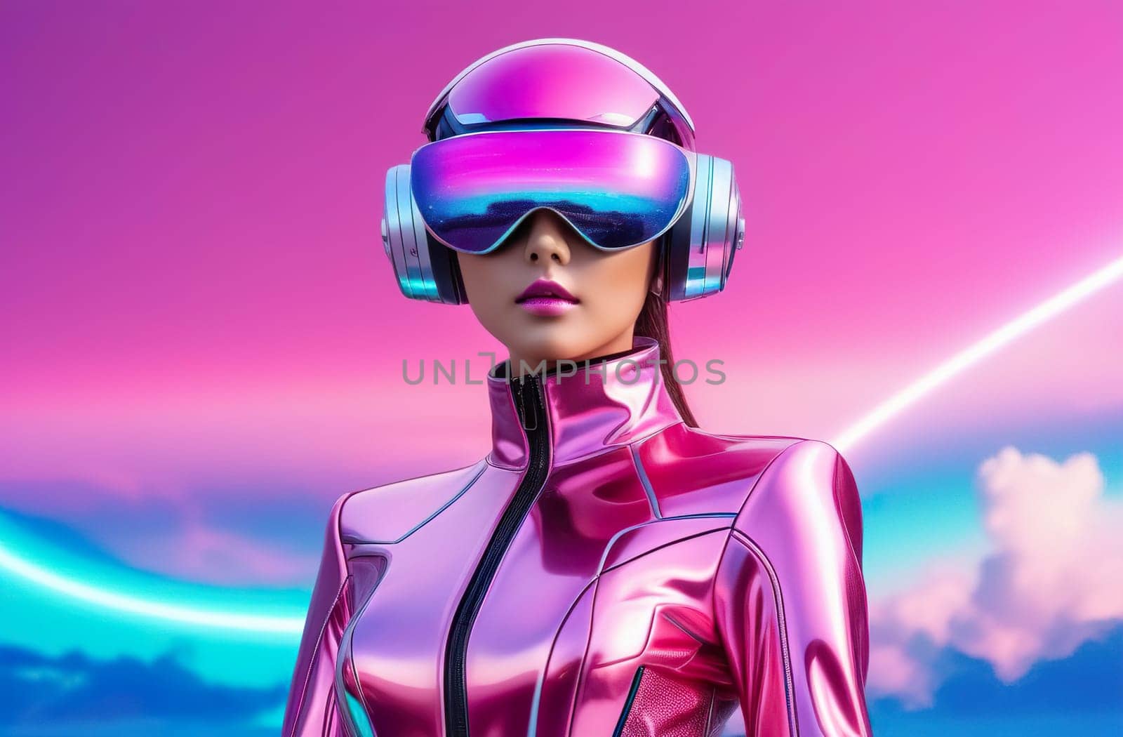 Concept of the future. Portrait of a girl in neon light wearing neon glasses on a futuristic neon pink and lilac background. Bright style, beauty concept. by Proxima13
