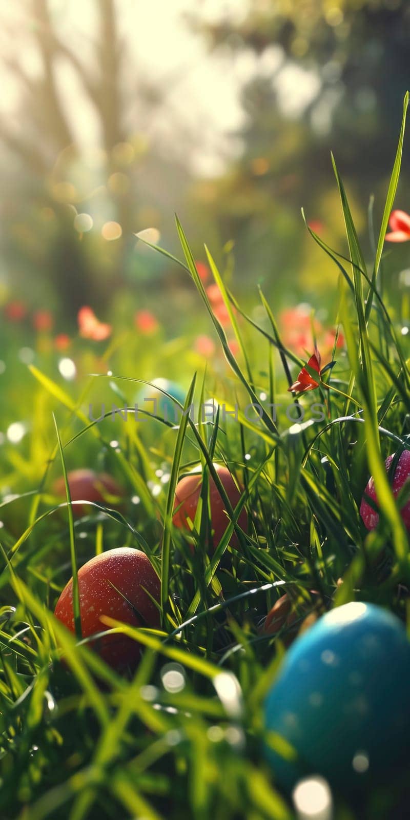 Colorful Easter eggs nestled in the grass, surrounded by fresh spring flowers, capturing the joy of an Easter egg hunt.