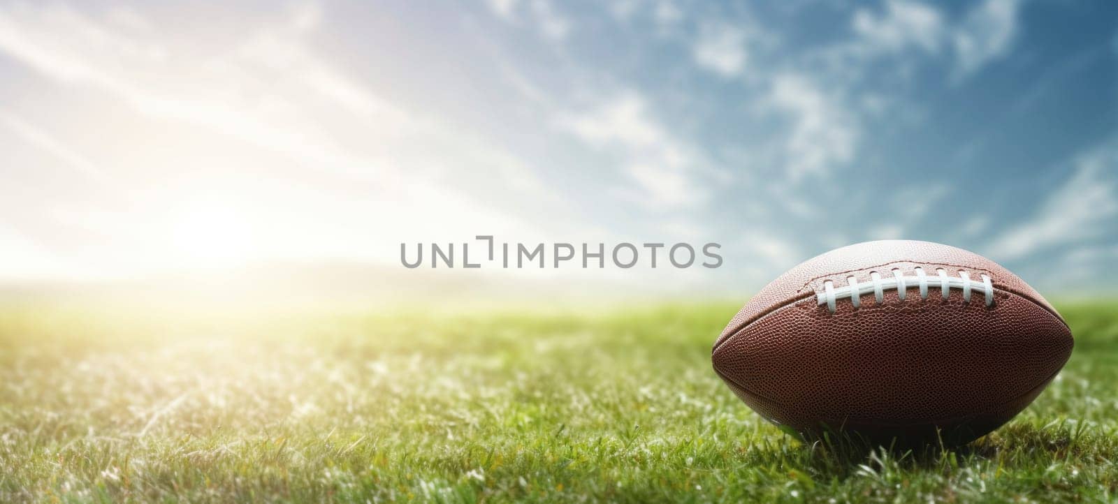 An American football placed on a green grass field with a bright and sunny sky in the background, symbolizing sports and outdoor activities.