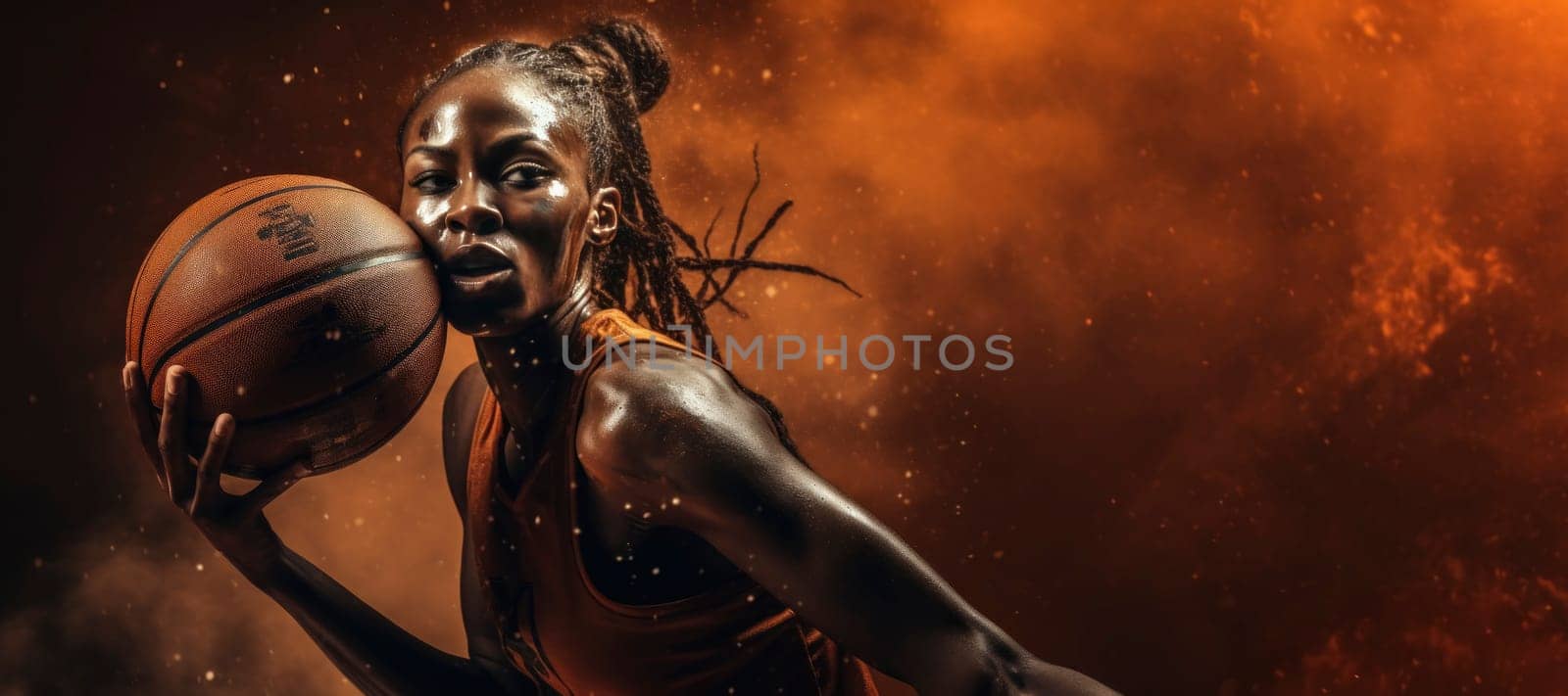 A focused female basketball player in mid-action, with a dynamic orange backdrop, capturing the intensity of the sport.