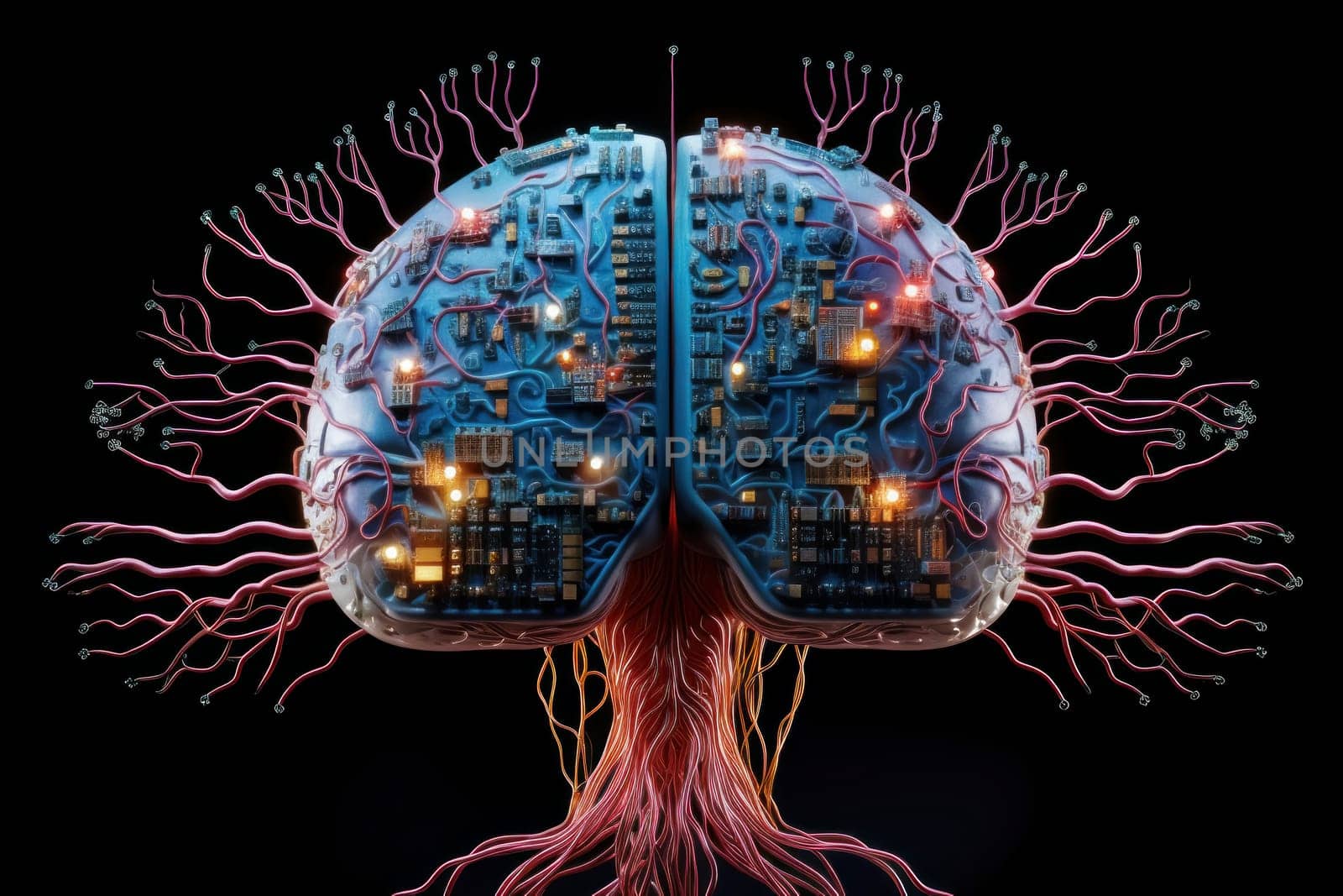 Human brain interconnected with microchips and circuits