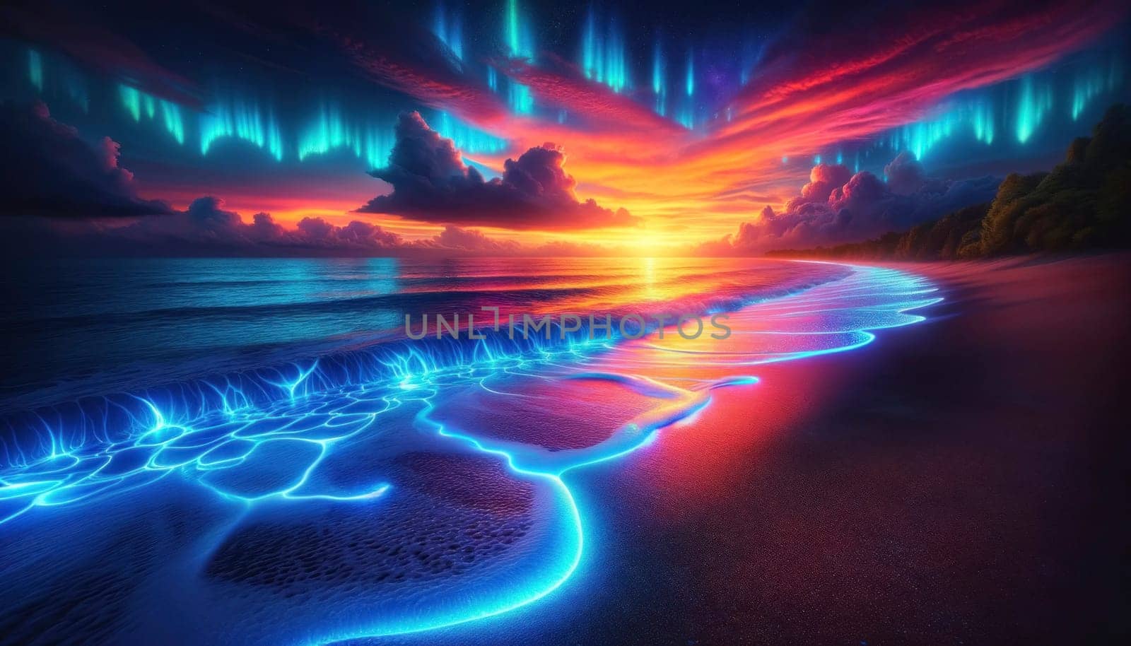 A mesmerizing scene blending a sunset, aurora borealis, and bioluminescent tides on a serene beach landscape.