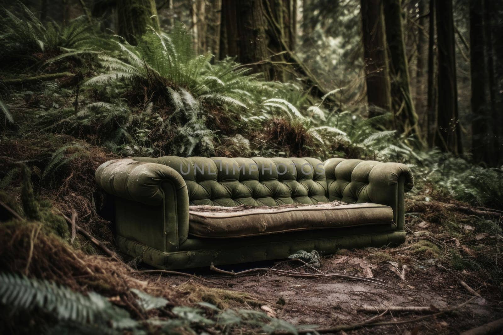 A neglected green sofa lies amidst a dense forest, contrasting the man-made with the natural world.