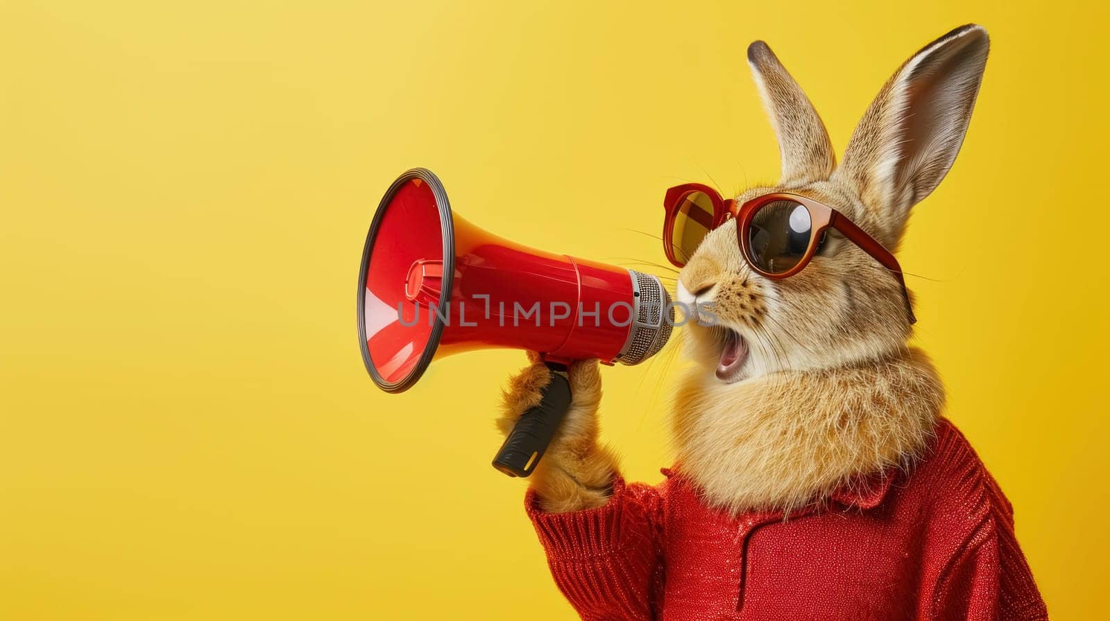 A brown rabbit dressed in a red hoodie and sunglasses, holding a megaphone against a vibrant yellow background.