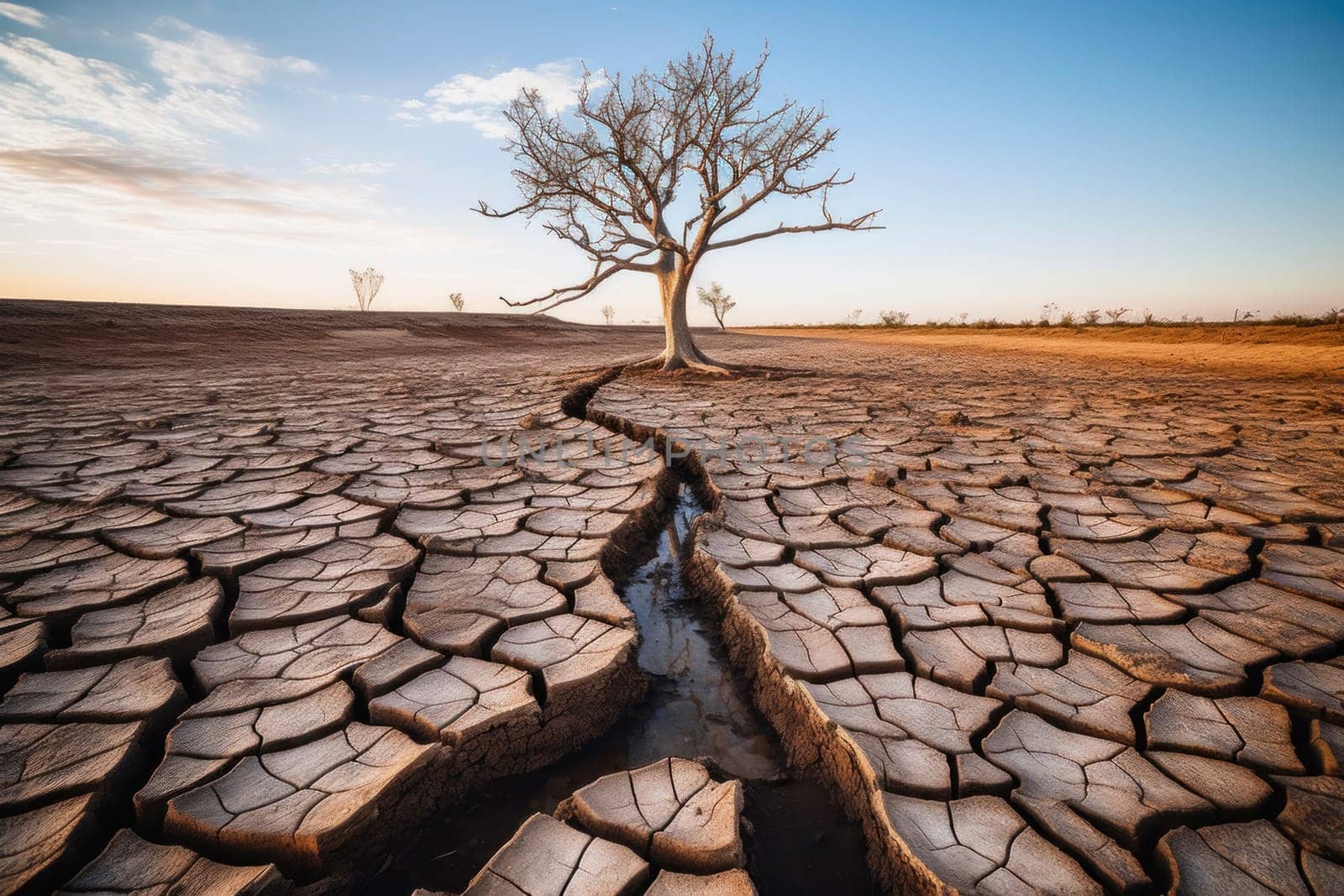 A single barren tree stands defiantly in a vast desert with deeply cracked soil, evoking themes of climate change and survival.