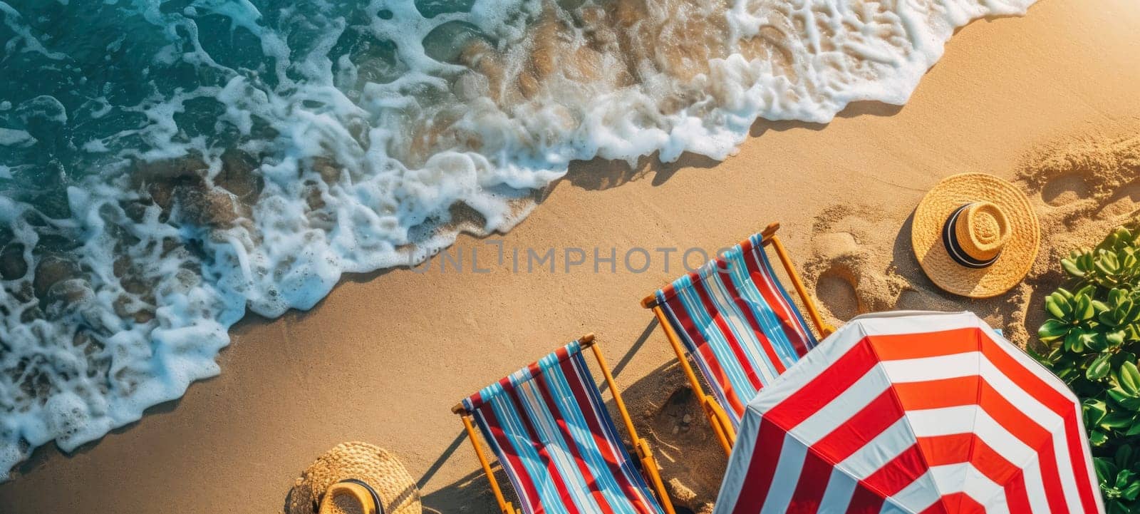 Beachside tranquility with empty striped chairs, sun hat, and waves gently lapping the shore.