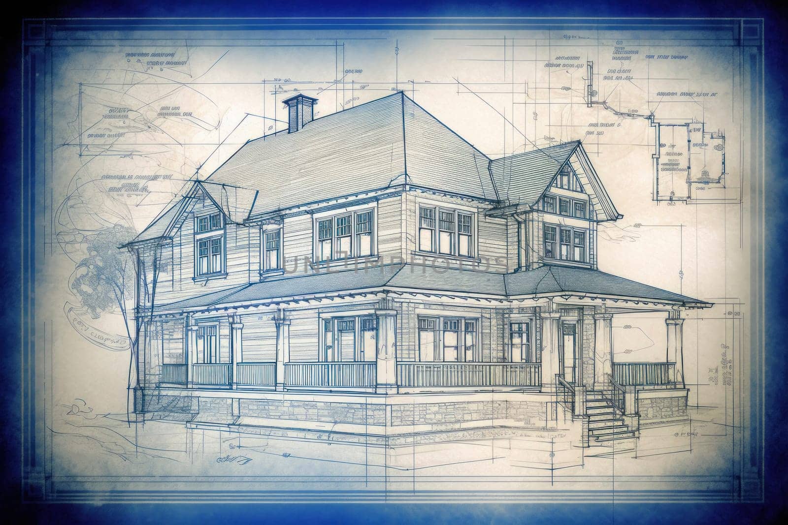 An artistic representation of house blueprints with detailed architectural design, evoking a vintage aesthetic.
