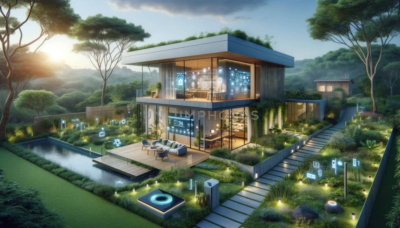 A sustainable smart home seamlessly integrates with lush green surroundings featuring modern technology interfaces.