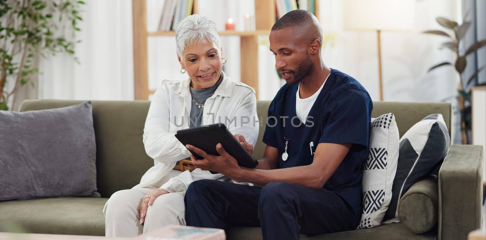 Old woman, man and tablet, caregiver with patient for healthcare and medical information or help with social media. Support, African nurse for elderly care and tech, telehealth and how to work app.