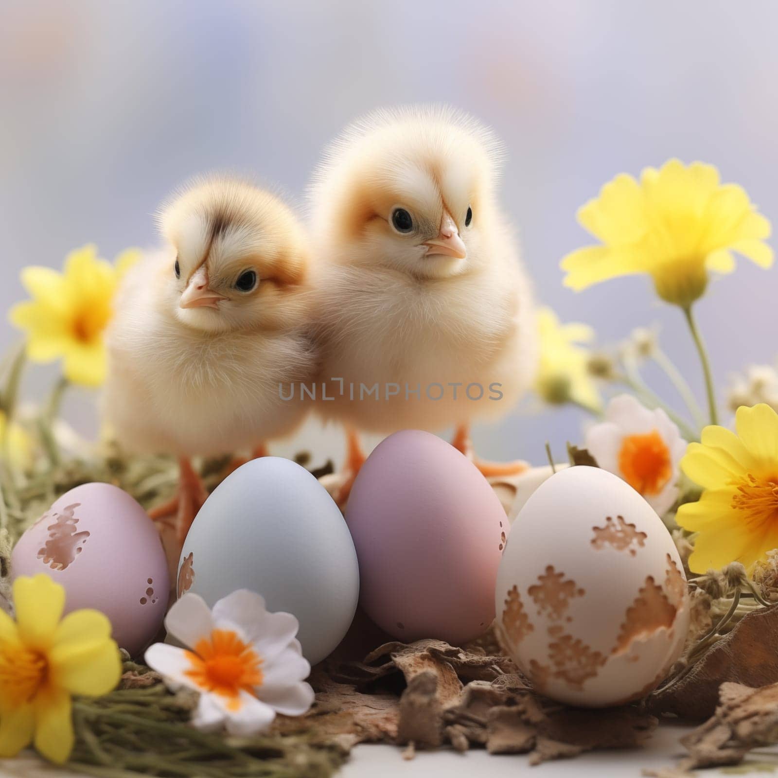 cute chiken and easter egg with spring flowers. Adorable small bird on spring background. Can used for easter holiday card. Celebration design.